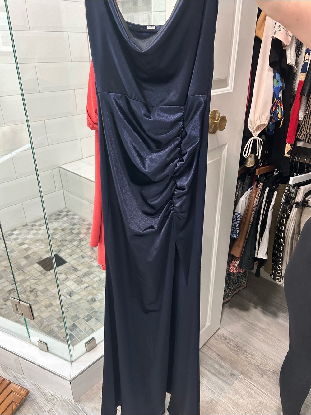 Navy Ruched Sleeveless Evening Dress